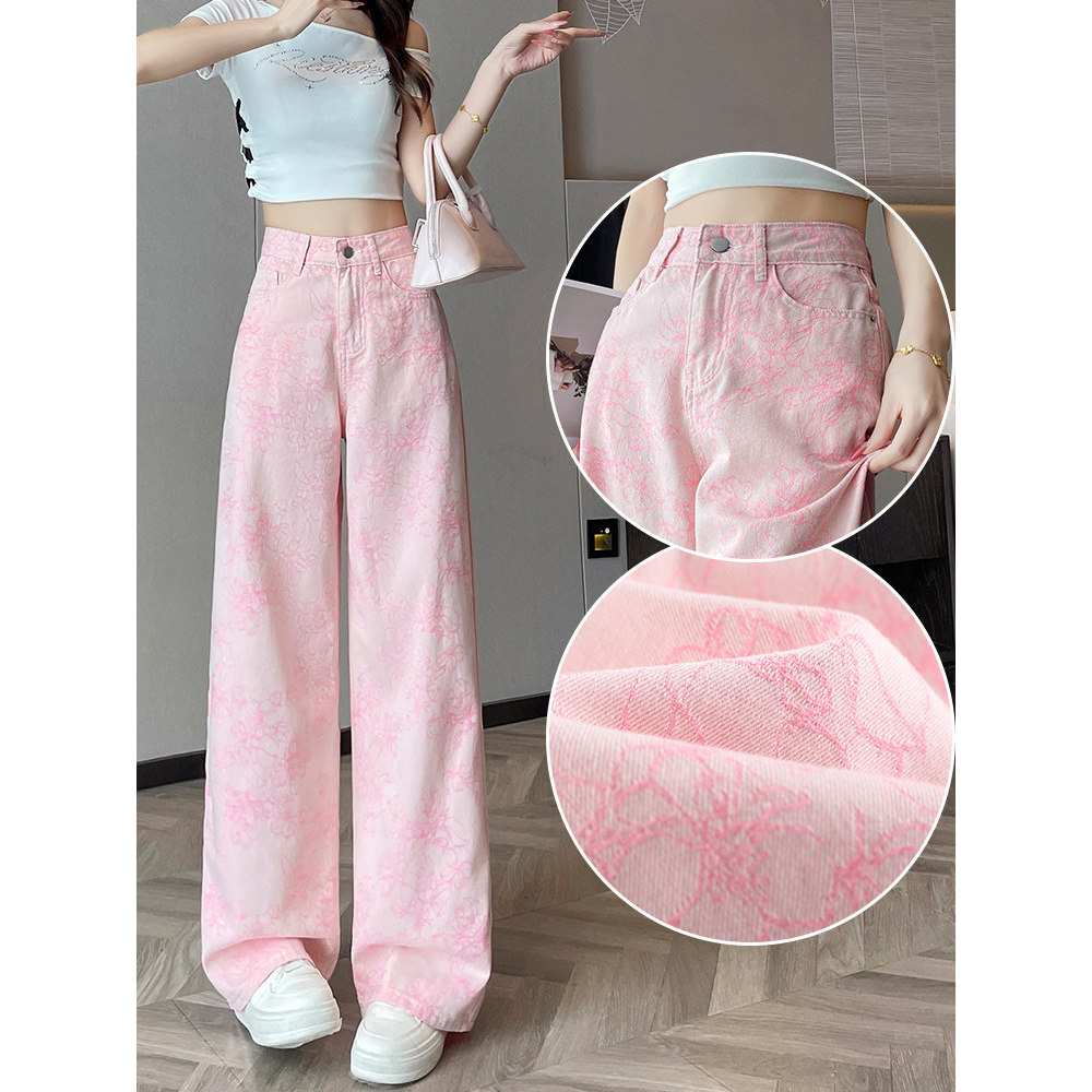 jinn jeans กางเกงยีนส์ขายาว Dopamine Pink Jacquard Wide-Leg Jeans ผู้หญิงฤดูร้อนรูปแบบใหม่ออกแบบหลวม