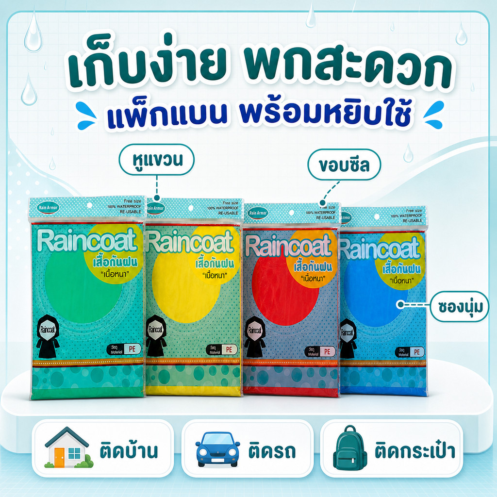 เสื้อกันฝน Raincoat PE พร้อมส่ง (12 ตัว) แบบหนา มีหมวกแขนจั๊ม เสื้อกันฝนผู้ใหญ่ เนื้อหนา
