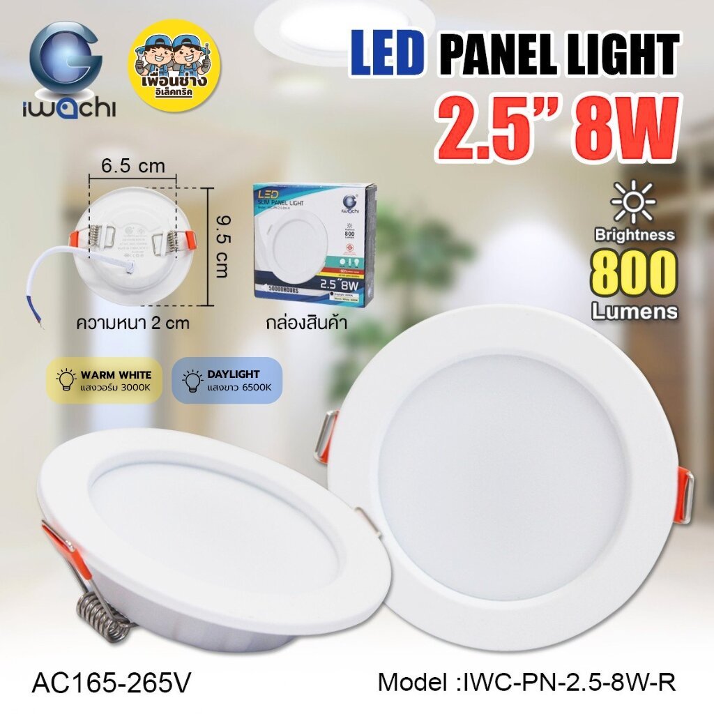 IWACHI รุ่น IWC-PN-2.5-8W-R โคมไฟดาวน์ไลท์ฝังฝ้า สลิม LED 8W 800lm 2.5 นิ้ว แบบกลม SLIM PANEL LIGHT ไฟเพดาน โคมฝังฝ้า