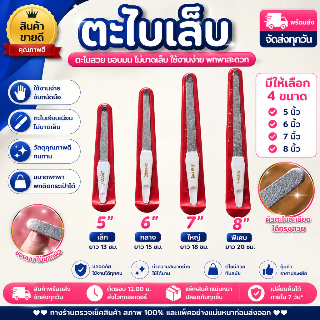 ✨ ตะไบเล็บมือ ตะไบเล็บ ซองแดง เกรด A ขัดเรียบ แต่งทรงเล็บ ขอบมน ไม่บาดผิว มี 4 ขนาด พร้อมส่ง
