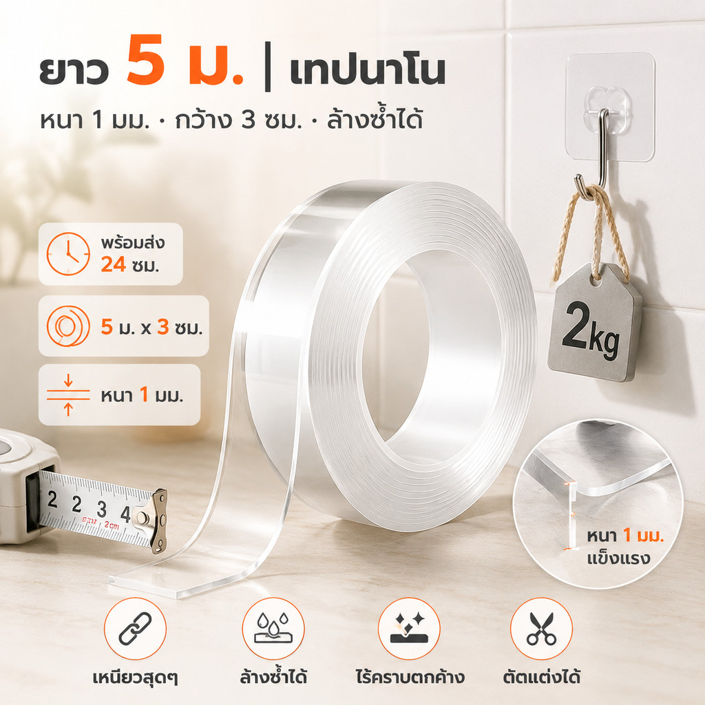 พร้อมส่งในไทย 3m เทปกาวนาโน แบบสองหน้า เหนียวแข็งแรง ใส เทปกาวกันน้ําแบบใช้ซ้ําได้