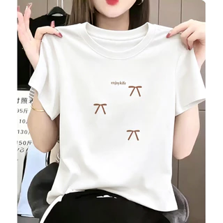 COD เสื้อยืดครอปสั้น ผู้หญิง ลายคำ enjoykife โบว์ เนื้อผ้าบางระบายอากาศ เหมาะหน้าร้อน ทรงสวยใส่กับกางเกง/กระโปรง
