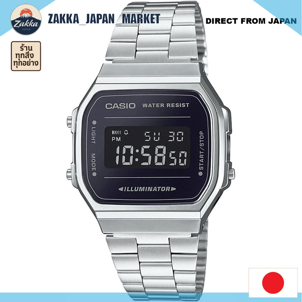 [CASIO] นาฬิกาดิจิตอลรุ่นวินเทจ A168WEM-1 สำหรับผู้ชาย ผู้หญิง และเด็ก สีเงินหน้าปัดดำ รุ่นนำเข้า -D