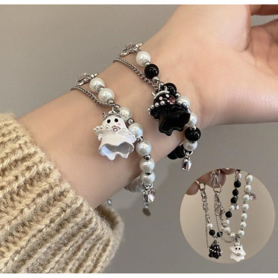 สร้อยข้อมือคู่รัก ผีน้อย Ghost & Pearl สไตล์มินิมอล น่ารักๆ ดำและขาว สร้อยลูกปัดมุก พร้อมส่งจากไทย