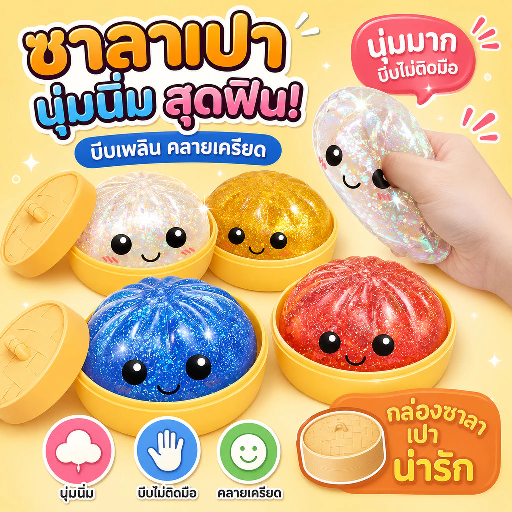 🔥ส่งไว🔥ซาลาเปากลิตเตอร์สกุชชี่ สโลวรีบาวด์ นุ่มเด้ง ของเล่นคลายเครียด แถมเข่งนึ่ง ของขวัญสุดฮา