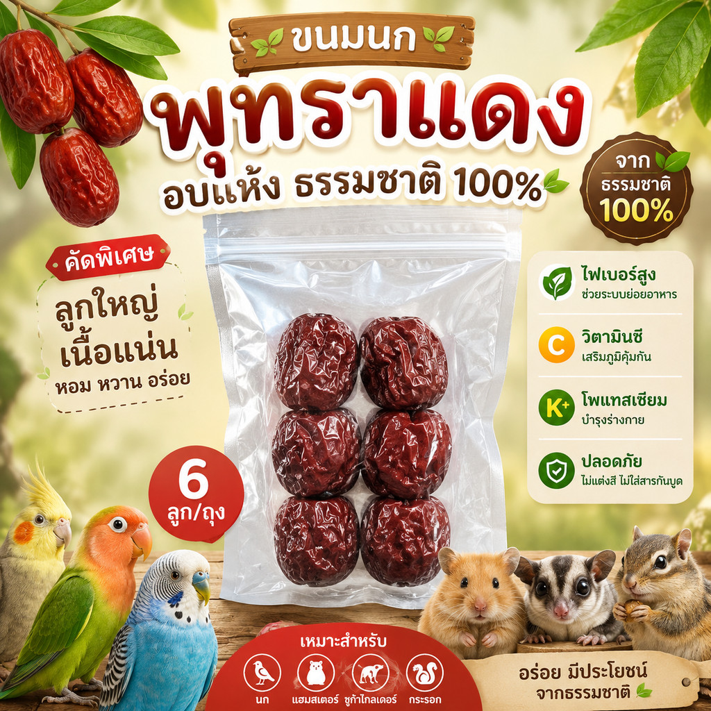 Hambit. พุทราแดงอบแห้ง ธรรมชาติ 100% (6 ลูก/ถุง) – ขนมสัตว์เลี้ยง ไฟเบอร์สูง วิตามินซี