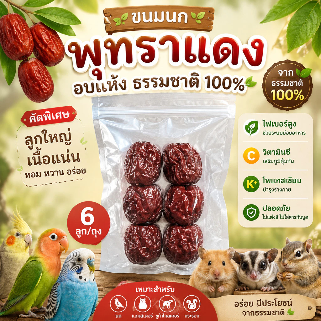 Hambit. พุทราแดงอบแห้ง ธรรมชาติ 100% (6 ลูก/ถุง) – ขนมสัตว์เลี้ยง ไฟเบอร์สูง วิตามินซี