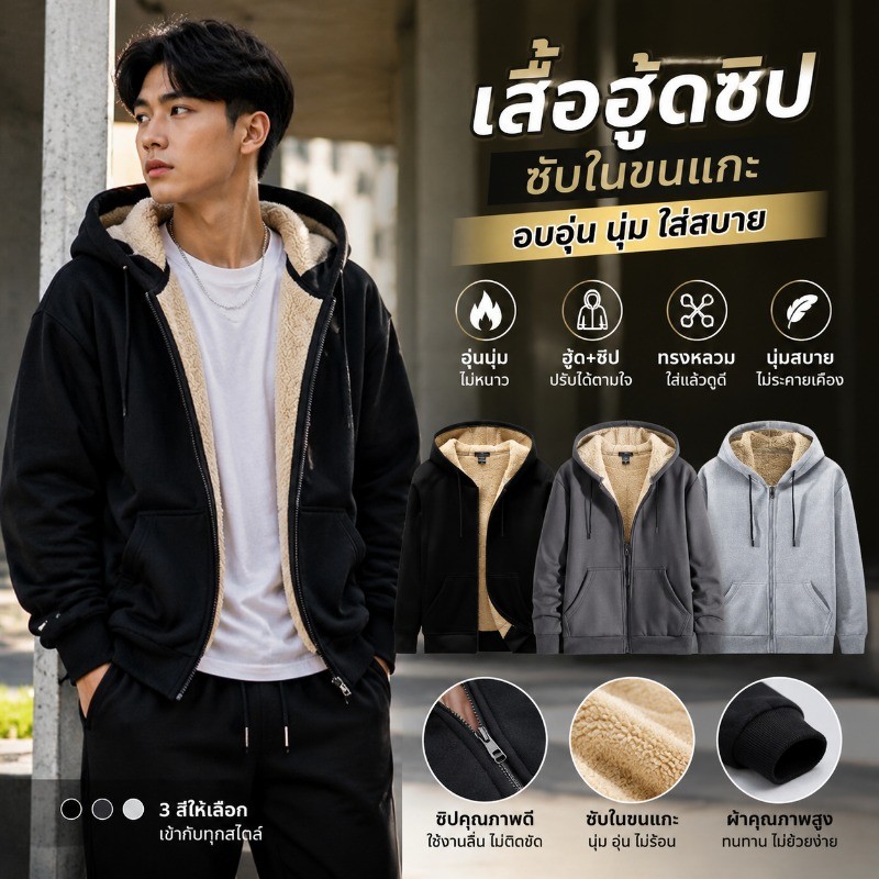 FM🌸เสื้อกันหนาวผู้ชายเสื้อสวมหัวเสื้อกันหนาวมีฮู้ดขนแกะซิปหนาจัดส่งจากกรุงเทพ