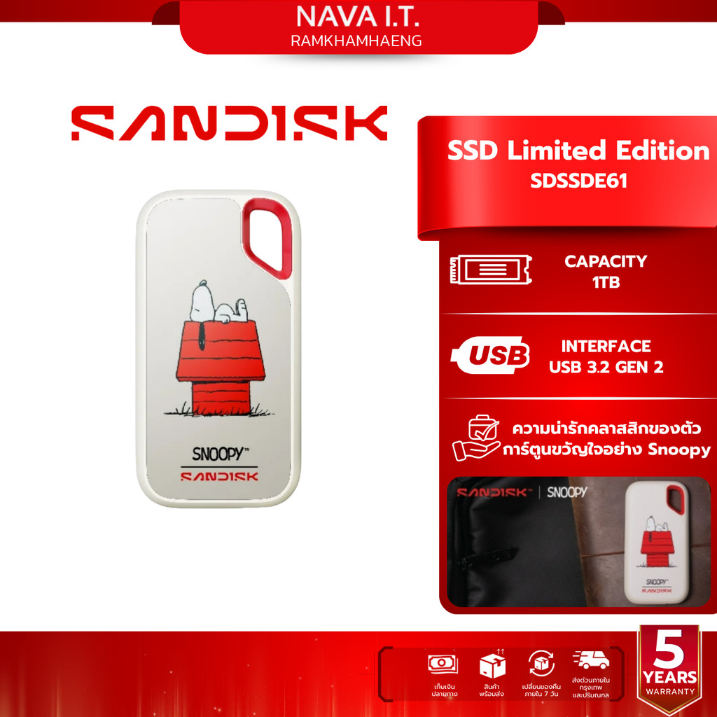 SANDISK PORTABLE SSD 1TB (เอสเอสดีพกพา) Limited Edition SNOOPY SDSSDE61-1T00-AP