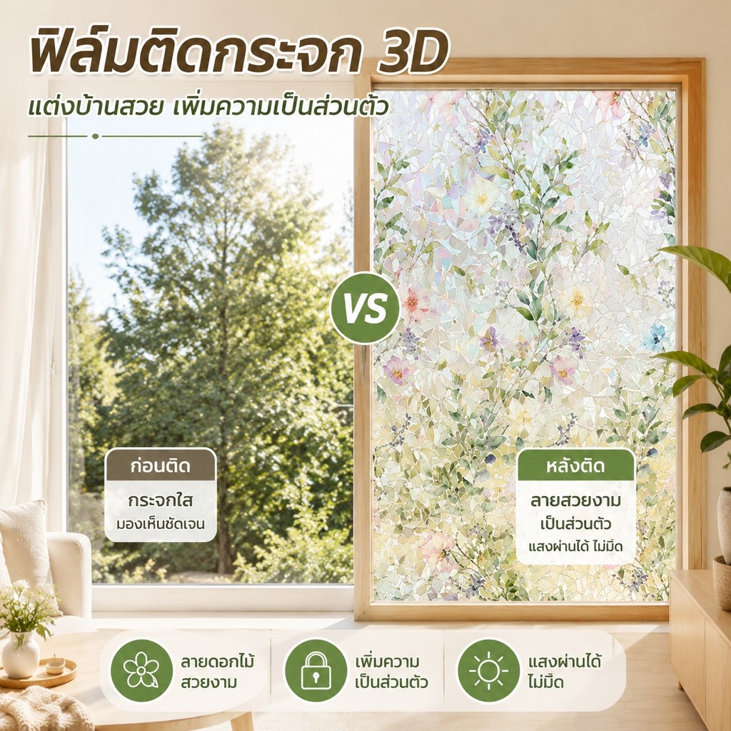 ฟิล์มติดกระจก ลายดอกไม้ 3D ฟิล์มสูญญากาศ ติดกระจกหน้าต่าง กันสายตา กัน UV กันความร้อน ติดง่าย ลอกออกได้