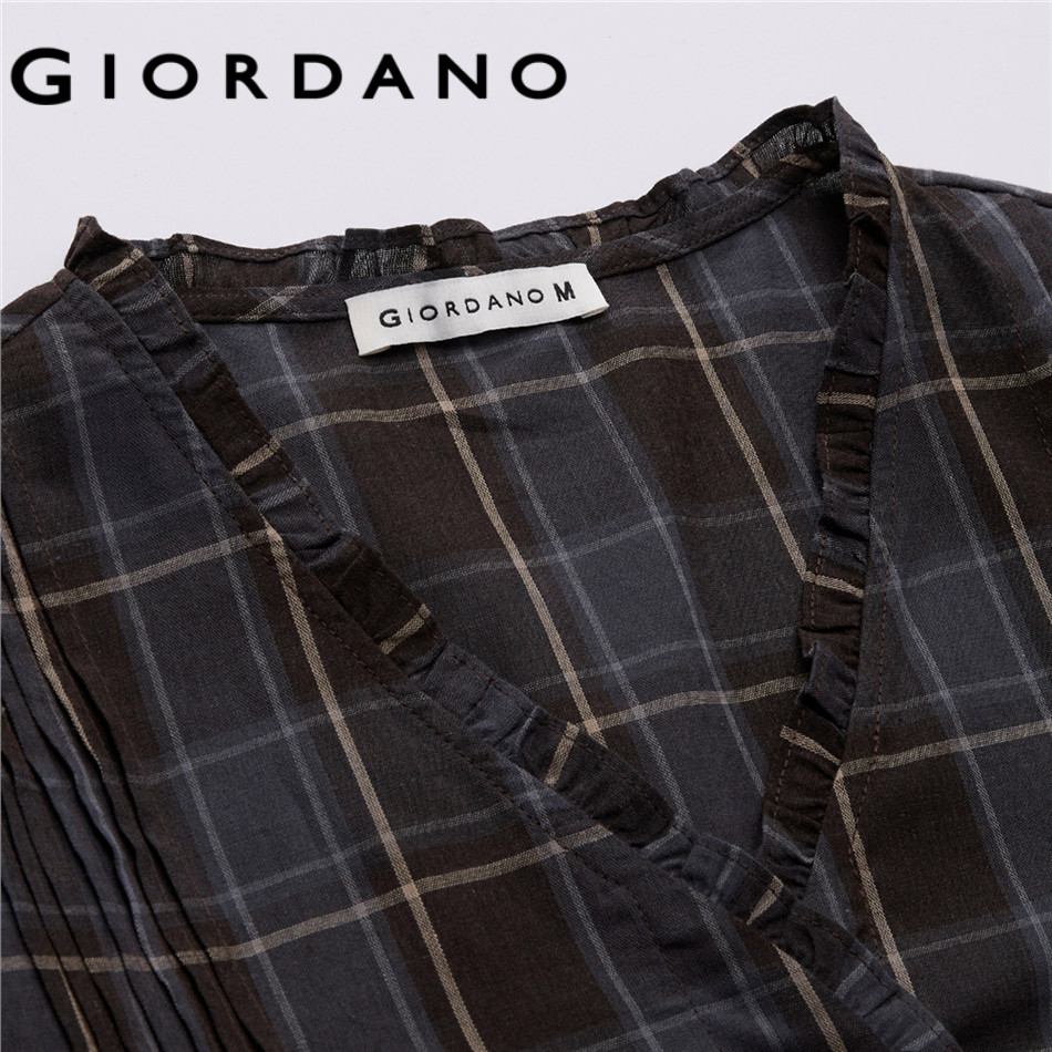 GIORDANO بلوزة نسائية كاروهات فينتج بياقة V وكشكش — صورة 4