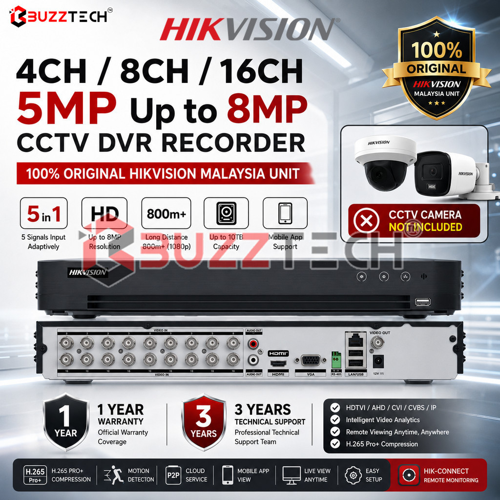 BuzzTech HIKVISION 4CH / 8CH / 16CH 5MP เครื่องบันทึกวิดีโอดิจิตอลสูงสุด 8MP ระบบรักษาความปลอดภัย DV