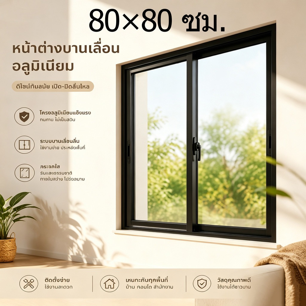 หน้าต่างอะลูมิเนียมบานเลื่อนคู่ 80×80ซม. กระจกเทมเปอร์นิรภัย กันน้ำกันลม ทนทาน ส่งตรงจากโรงงาน เหมาะติดตั้งบ้านคอนโด