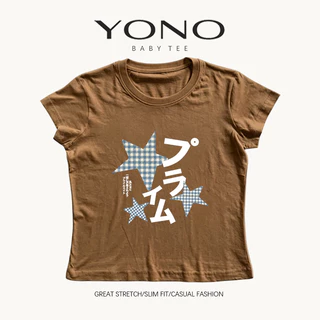 (พร้อมส่ง24ชม.) YONO baby tee สีขาว ลายดาวลายตารางและตัวอักษรญี่ปุ่น ทรงเข้ารูป ลุคเกาหลี y2k