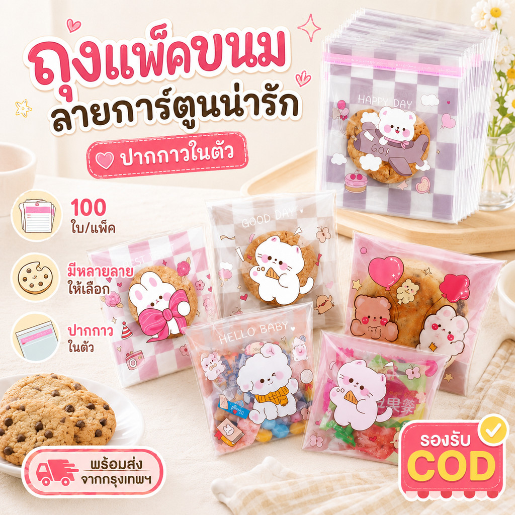 ถุงฝากาว 7×7+3 ซม. 100 ใบ/แพ็ค ถุงคุกกี้ ถุงเบเกอรี่ลายน่ารัก ถุงใส่ขนม ลูกอม ของชำร่วย DIY COD