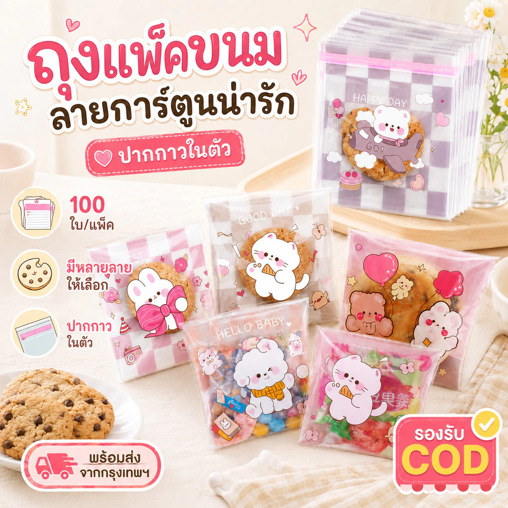 ถุงฝากาว 7×7+3 ซม. 100 ใบ/แพ็ค ถุงคุกกี้ ถุงเบเกอรี่ลายน่ารัก ถุงใส่ขนม ลูกอม ของชำร่วย DIY COD