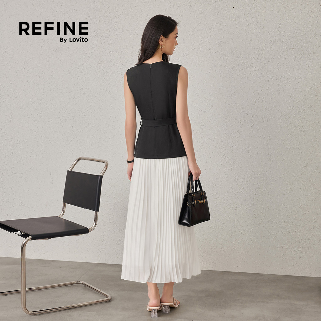 (Refine by Lovito)เดรสทำงาน ผ้าชิฟฟอน เทียมสองชั้น ต่อผ้า มีกระเป๋า เดรสผู้หญิง ฤดูใบไม้ผลิ-ฤดูร้อน DRR42P1D047 — صورة 3