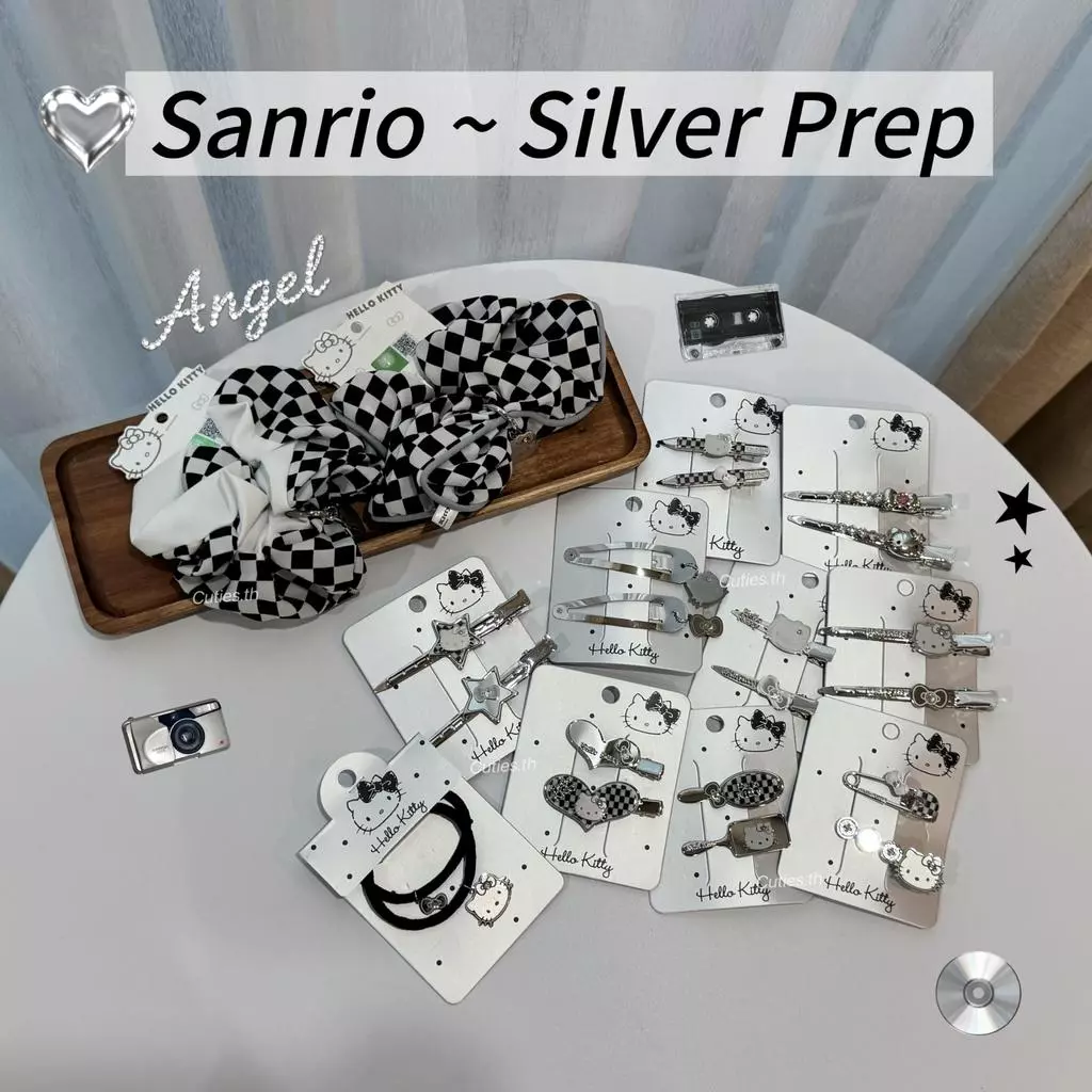 [แท้100%] Sanrio ~ Silver Prep กิ๊บติดผมKitty คิตตี้ สีSilver ตัดกับลายสก๊อต วัสดุสแตนเลสทั้งชิ้นแต่น้ำหนักเบา