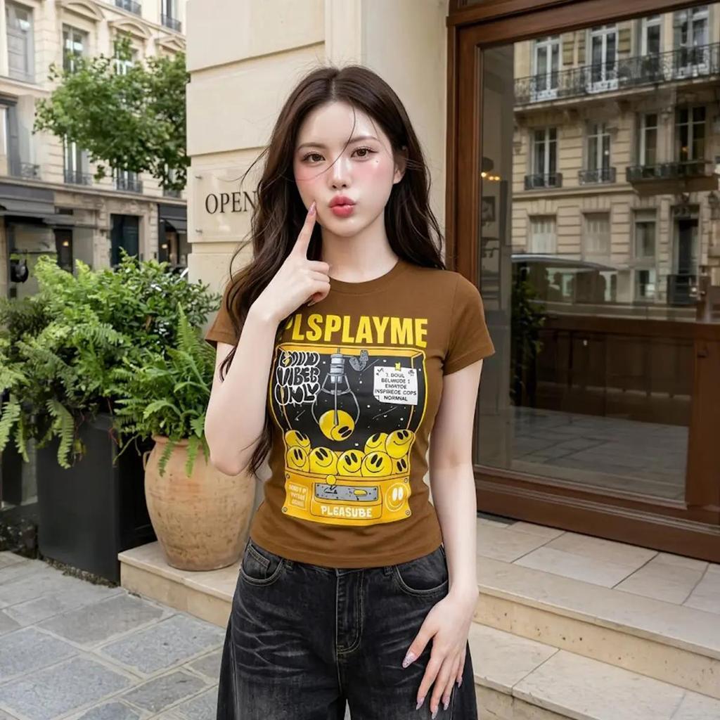 เสื้้อเข้ารูป สกรีนลายแน่นๆ พร้อมส่ง มีไซส์ S-XL ผ้ายืดเยอะ สาวอวบใส่ได้ รุ่น แครอท