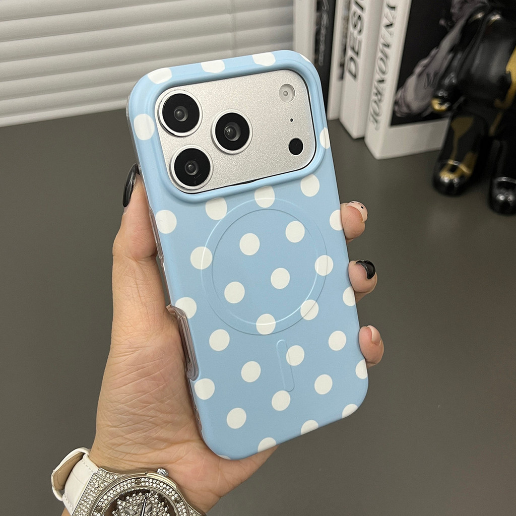 หรูหราสีตัดกัน Polka Dot เคสโทรศัพท์แม่เหล็กสําหรับ iPhone15 16 17 Pro Max กันกระแทกกันชนฝาหลัง