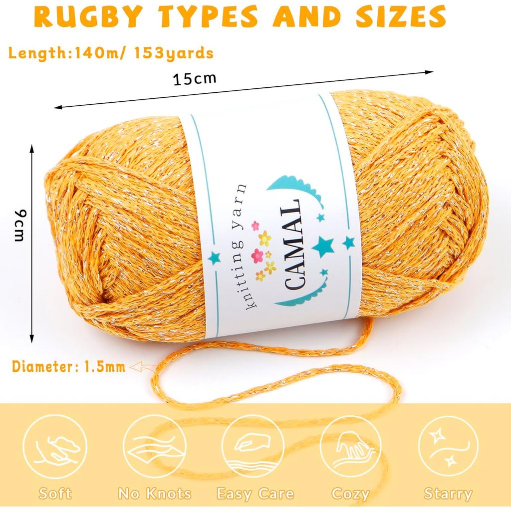 CAMAL Sparkle เส้นด้ายสําหรับโครเชต์, 1.5 มม.x 153 หลา Glitter เส้นด้ายฝ้ายโลหะนุ่ม Worsted น้ําหนัก