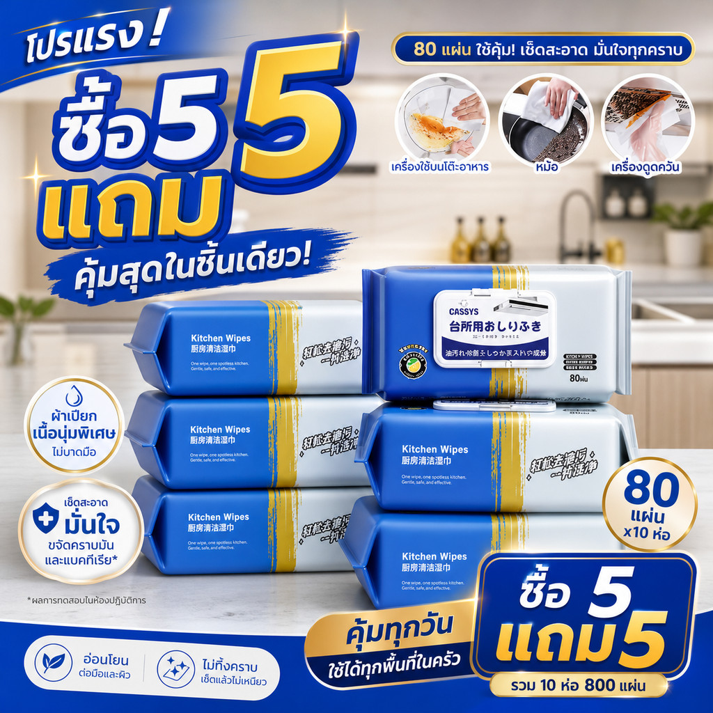 ซื้อ 5 แถม 5 ！800 แผ่น / 10 แพ็ค แผ่นทำความสะอาดครัว ทิชชู่เปียกทำความสะอาด มีฟองในตัว ผ้าทำความสะอาดทั่วไป