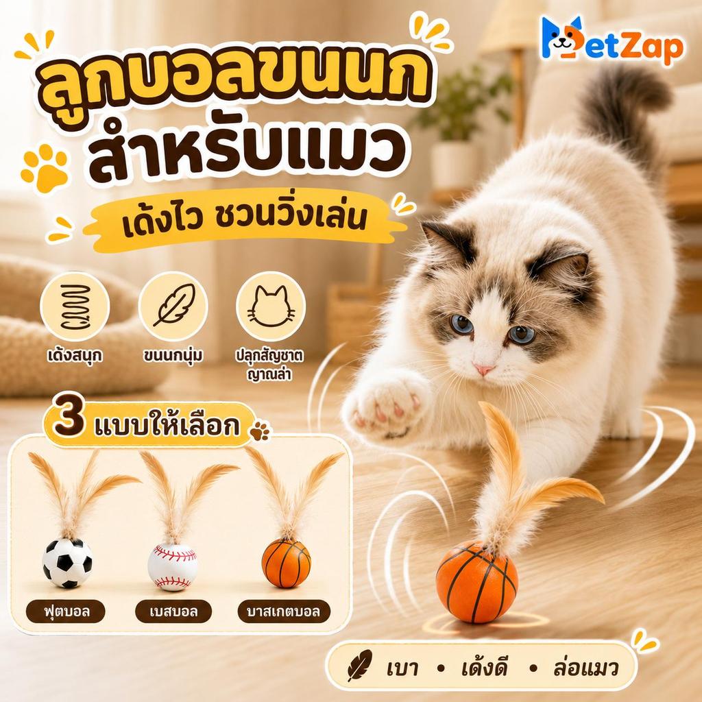 【Pet Zap】พร้อมส่ง COD ของเล่นแมว ลูกบอลแมว บอลขนนกแมว บอลเด้งดึ๋งแมว ของเล่นแมวเล่นเอง CW-111