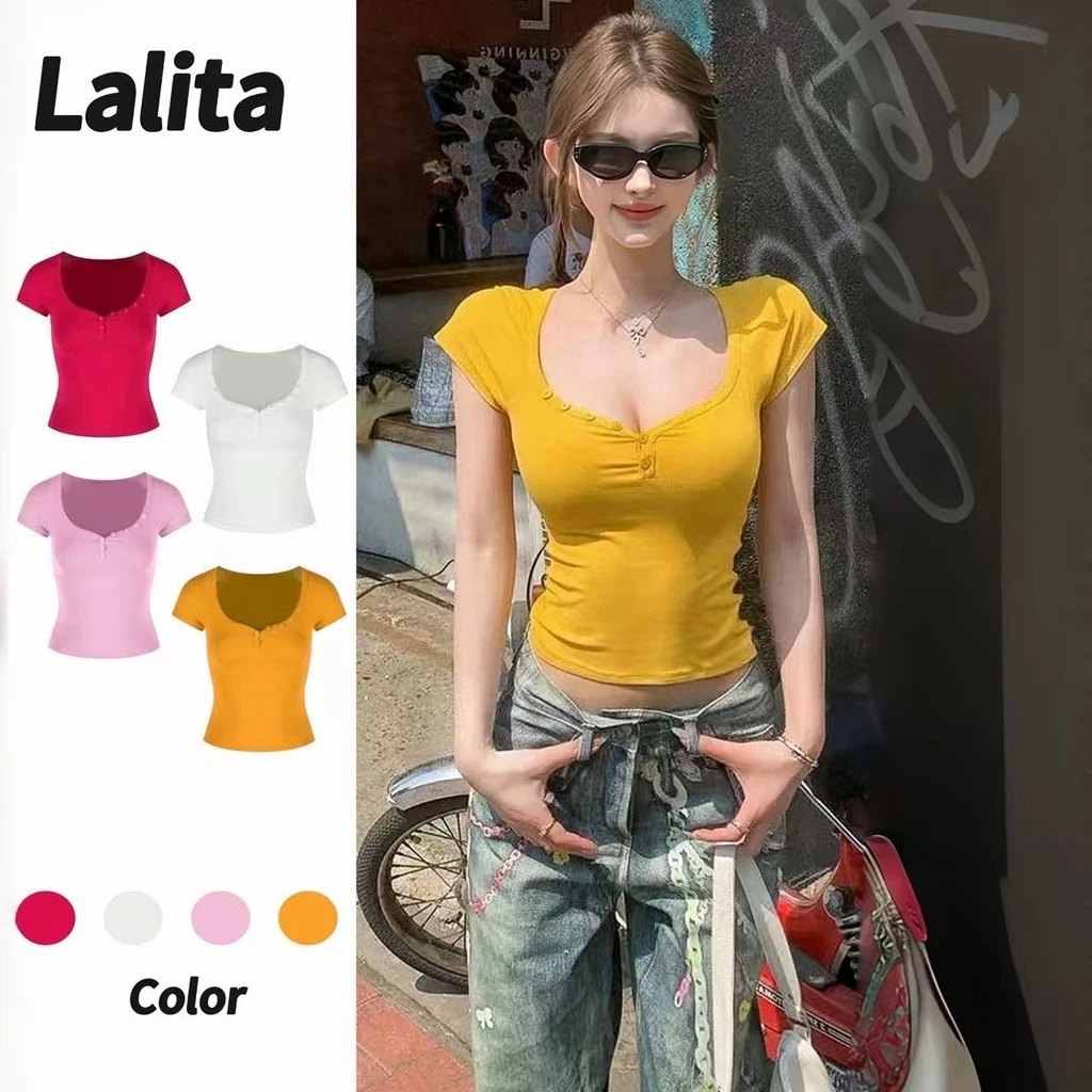 พร้อมส่ง แขนสั้นรั ดรูปเซกซี่ เสื้อน่ารักผู้หญิง เสื้อรัดรูป สีพื้น 4สี สไตล์เกาหลี Lalita