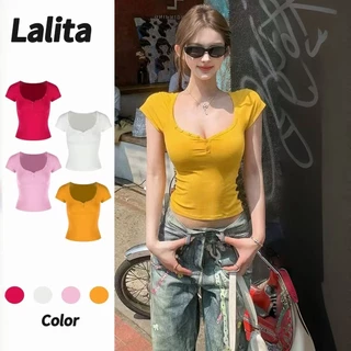 พร้อมส่ง แขนสั้นรั ดรูปเซกซี่ เสื้อน่ารักผู้หญิง เสื้อรัดรูป สีพื้น 4สี สไตล์เกาหลี Lalita