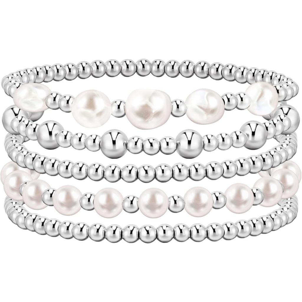 Gold Silver Beaded Bracelets Pack สําหรับผู้หญิง, Adjustable Stretch Pearl Bead Ball Bracelet Stack 