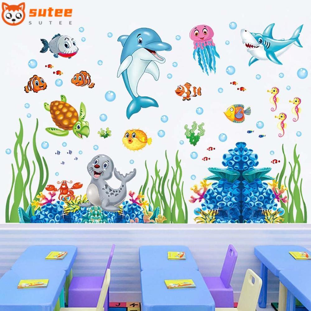 SUTEEE สติกเกอร์ติดผนังโลกใต้น้ํา DIY สาหร่ายทะเลบ้านห้องน้ําห้องทํางาน Dolphin