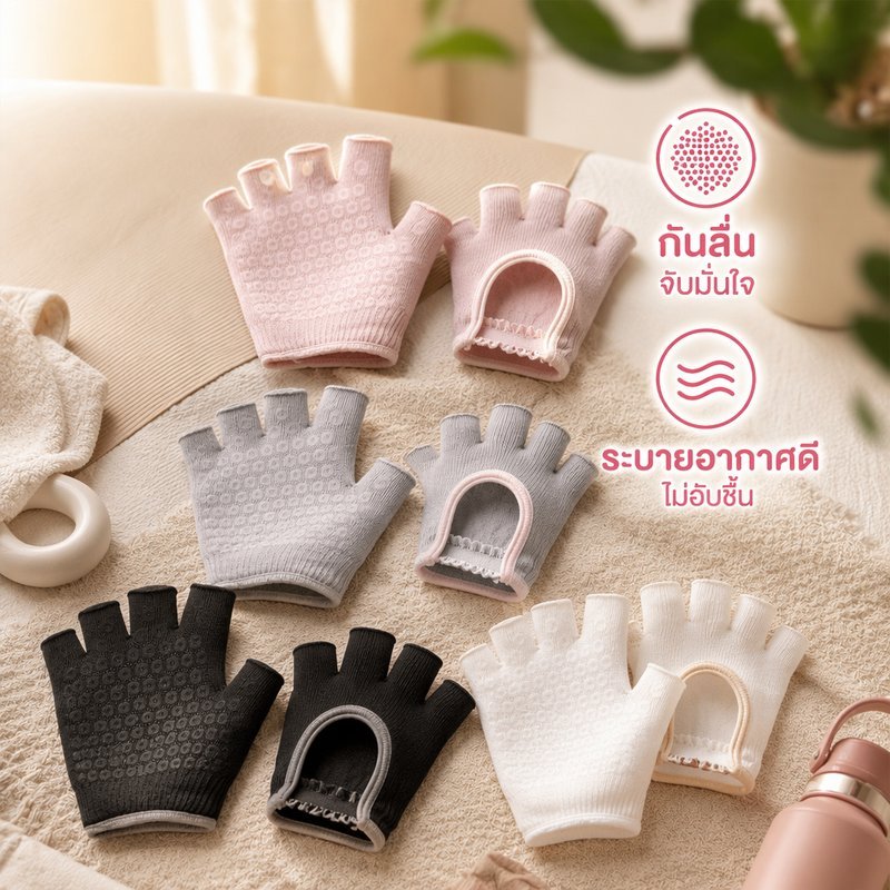 ถุงมือฟิตเนสครึ่งนิ้วไม่ลื่นระบายอากาศ Snug Fit Palm Cushion โยคะพิลาทิสการฝึกอบรม