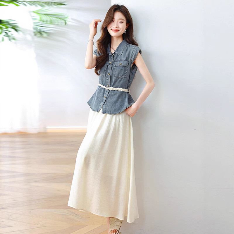 ชุดแฟชั่น 1Fashion ฤดูร้อน 2025 เสื้อยีนส์ผู้หญิงใหม่ กระโปรงหรูหรา ชุดสองชิ้น รุ่น OU6793