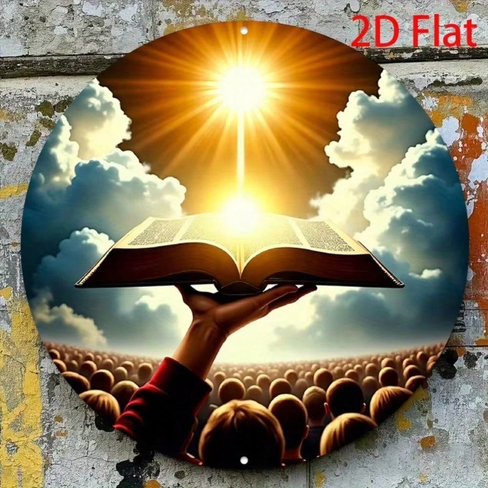 CIFbuy อิสลาม Wall Art Decor, ป้ายโลหะอลูมิเนียมทรงกลม Sun และ Open Book สําหรับห้องนั่งเล่น