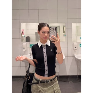B&R พร้อมส่ง เสื้อยืดแขนสั้นถัก เสื้อปลอมสองชั้น ผู้หญิง งานปัก สั้นกระชับเอว ปกเสื้อลายจุด การบล็อกสีลายทาง