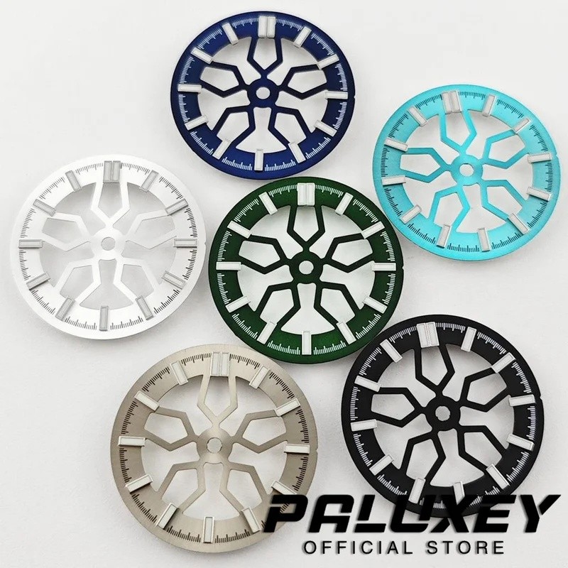 PALUXEY NH70 28.5 มม.โครงกระดูก Hollow Dial สีดําสีฟ้าสีเขียวสีขาว Dial เขียว Luminous สําหรับ NH35 