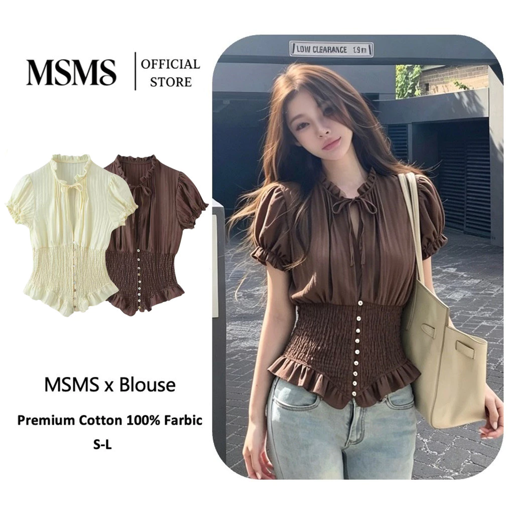 Ruffle Tie Blouse เสื้อเบลาส์ผู้หญิงคอผูกโบว์ขอบฟริลล์ แขนพองเอวย่นรัดทรงสัดส่วนดี ผ้าลายร่องบางเบา มี2สี ครีมอ่อน/น้ำตาล Size S-L