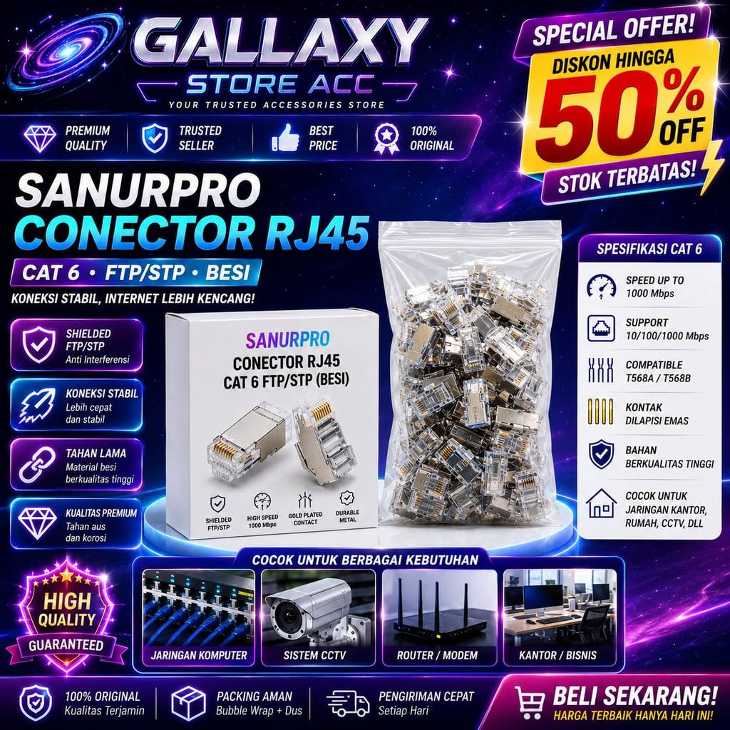 RJ45 CAT6 Sanurpro เนื้อหาเหล็ก 50 ชิ้น RJ45 Shielded LAN Ethernet Plug ชุบทอง T568A T568B สําหรับกล