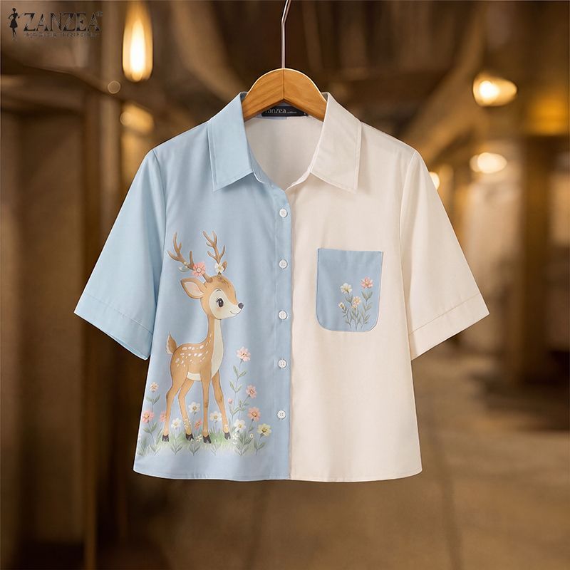 ZANZEA ผู้หญิงเกาหลีหวาน Pastoral Turn-Down-Collar แขนสั้นการ์ตูนกวางพิมพ์ Contrast สีเสื้อ — صورة 5