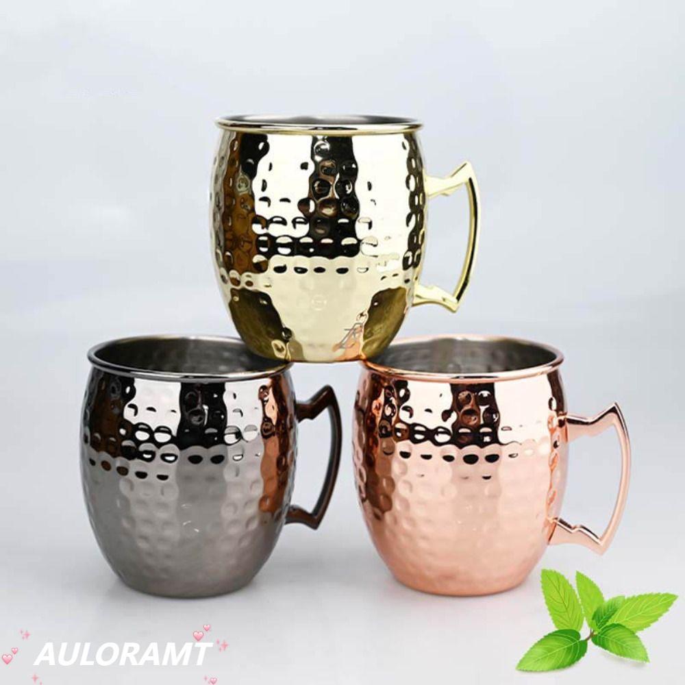 AULORAMT ถ้วยแก้ว, Handcrafted หนาค้อน Point ถ้วย, Strong Riveted Handle 500ml Moscow Mule Smooth Mo