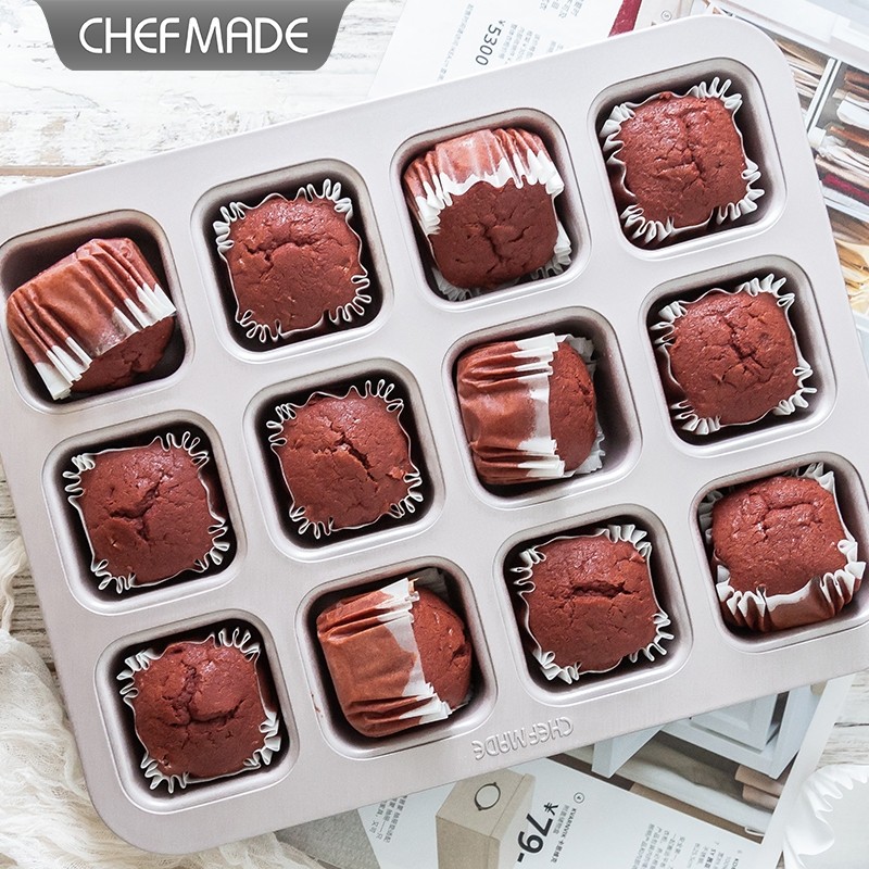 【Premium】. กระทะบราวนี่ เค้กถาดอ บมัฟฟินสี่เหลี่ยมไม่ติด 12 หลุมสำหรับอบเตาอบ ทําขนม พิมพ์อบขนม WK91
