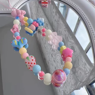 สร้อยข้อมือโทรศัพท์ ตุ๊กตาการ์ตูน ลูกปัดสีชมพู-ฟ้า น่ารัก สไตล์ฮิต