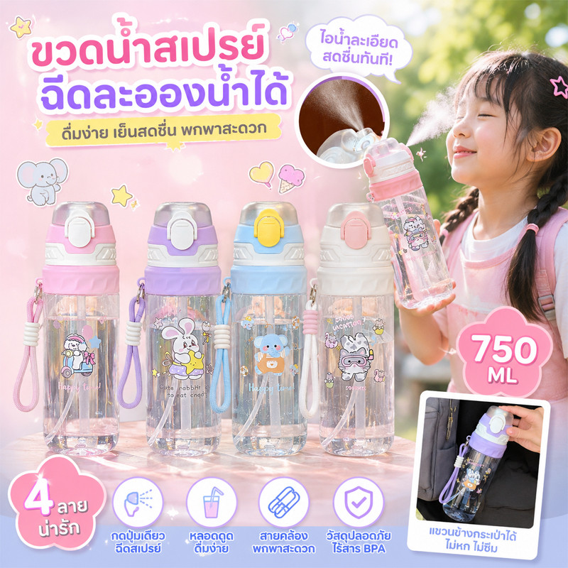750ML แก้วน้ำพ่น ความจุสูง ลายการ์ตูน ใช้ในฤดูร้อน พร้อมหลอดดื่ม พกพาสะดวก ปลอดภัย