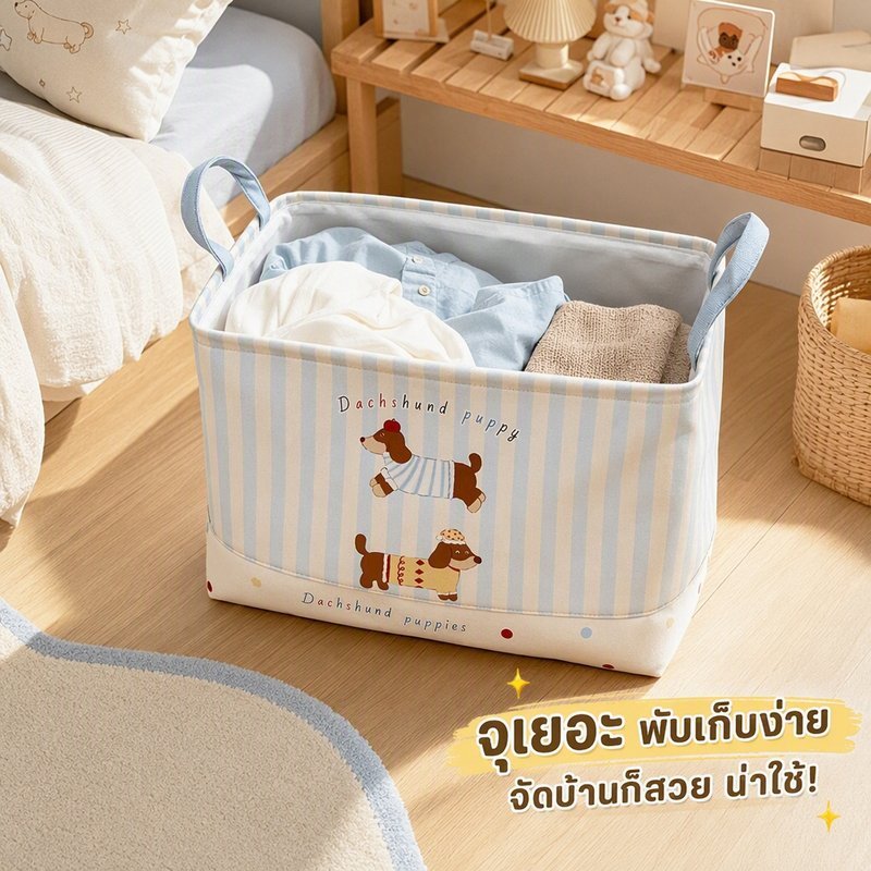ตะกร้าซักผ้า ตะกร้าเก็บผ้า ลายสุนัขดัชชุนด์ ผ้าฝ้ายป่าน มีหูหิ้ว พับได้ ความจุใหญ่