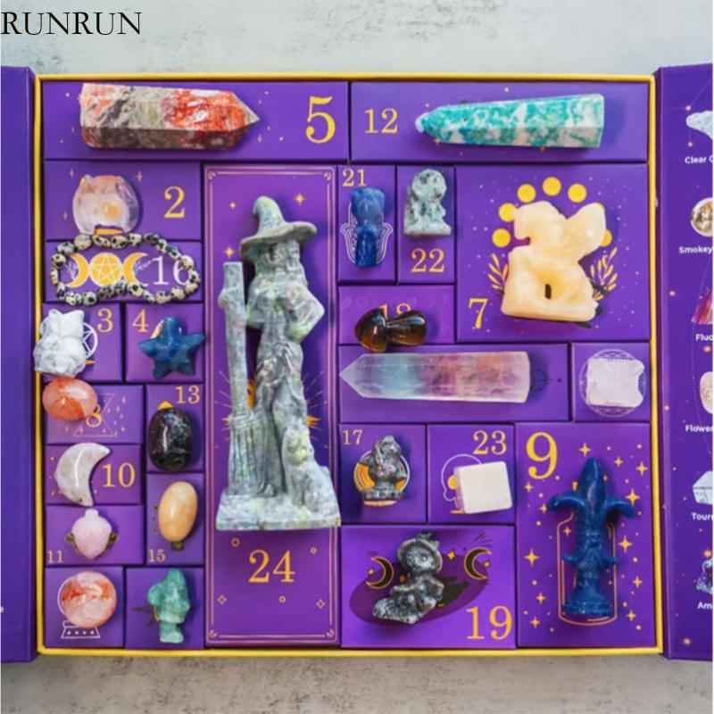 RUN 24 วันฮาโลวีน Advent ปฏิทินกล่องแม่มดรูปปั้นและคอลเลกชันหินธรรมชาติสําหรับวันหยุดนับถอยหลัง Deco