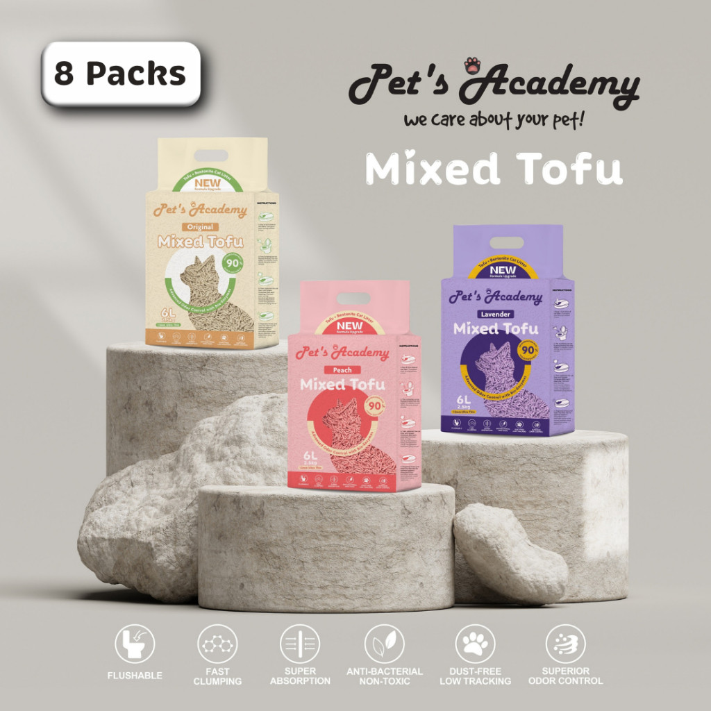 PETS ACADEMY เต้าหู้ผสม + ทรายแมวเบนโทไนท์ 6L / 2.5 กก. (8 แพ็ค) ฟลัชชิ่ง 1.5 มม. ปริซร์ Kucing บางเ