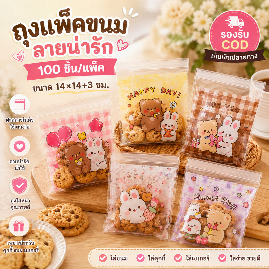 ถุงฝากาวลายน่ารัก 14×14+3 ซม. 100 ใบ/แพ็ค ถุงใส่คุกกี้ ถุงขนม ถุงเบเกอรี่ ถุงแพ็คขนม ปากกาวในตัว