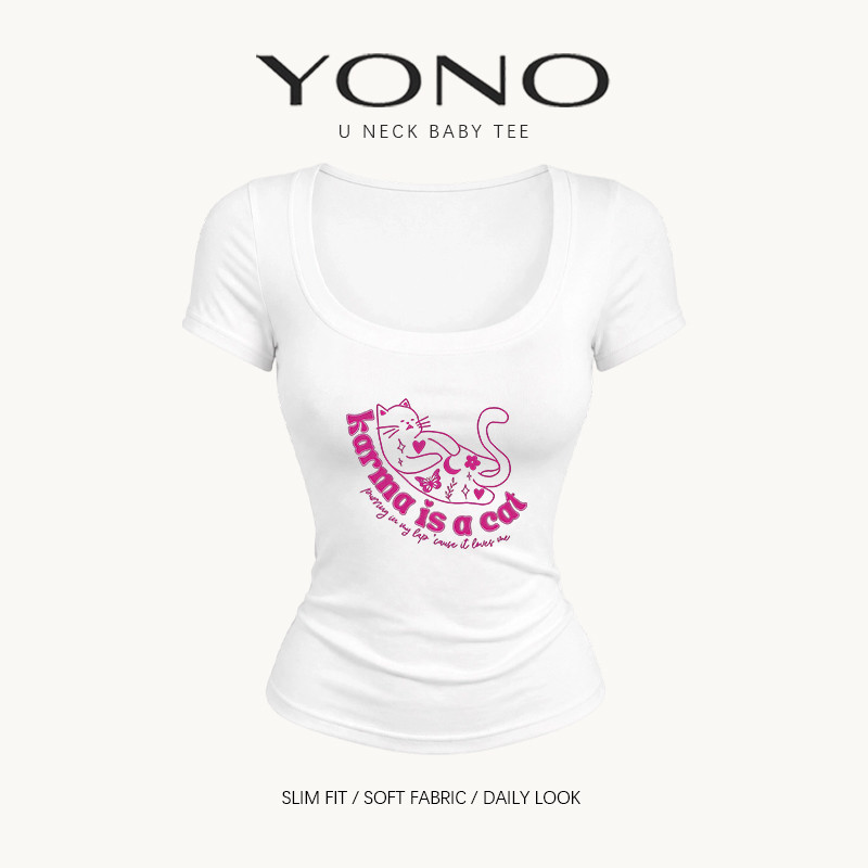 (พร้อมส่ง24ชม.) YONO Baby Tee U neck เสื้อยืดผู้หญิงคอยู ลายแมว Karma is a cat ทรงเข้ารูป สไตล์ Y2K 