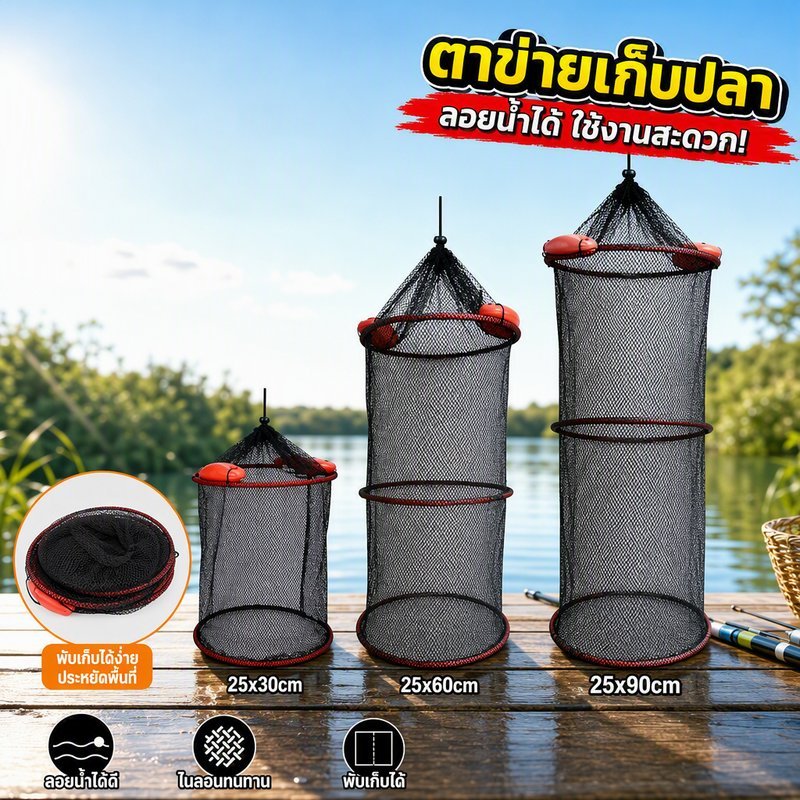 กระชังตกปลา แบบพับได้ ลอยน้ำ ตาข่ายไนลอน แข็งแรง ใส่กุ้งใส่ปลา มีทุ่น เลือกหลายขนาด