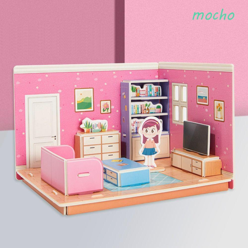 MOCHO 3D Room Model Puzzle Toys,กระดาษแข็งครัว 3D Room Cardboard,ห้องน้ําสร้างสรรค์ Handmadeห้องนอนห